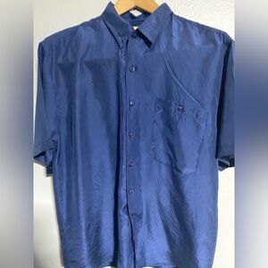 Vintage Silk Blue Button Down Shirt Lightweight Cotton